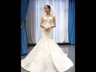 High Sheer Back Beaded Lace Trumpet Wedding Dress with Cap Sleeve