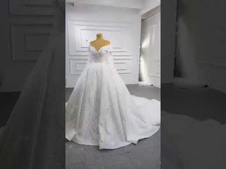 Luxury Beaded Ball Gown Wedding Dress with Off the Shoulder Long Sleeves
