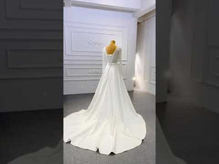 Low Back Long Sleeve Satin Sheer V-neck Wedding Dress with Leg Slit