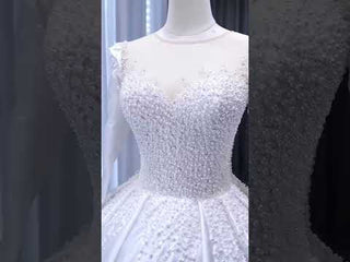 High Neck Satin Ball Gown Puffy Wedding Dress with Sheer Long Sleeves