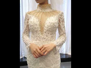 Keyhole High Neck Pearl Mermaid Wedding Dress with Long Sleeves