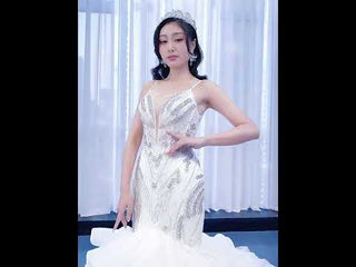 Beaded Spaghetti Strap Mermaid Wedding Dress with Ruffle Skirt