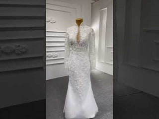 Long Sleeves Vintage High Neck Pearls Wedding Dress with Keyhole
