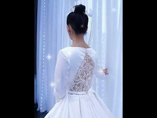 Modest Satin Wedding Dress Beaded Long Sleeve Ball Gown