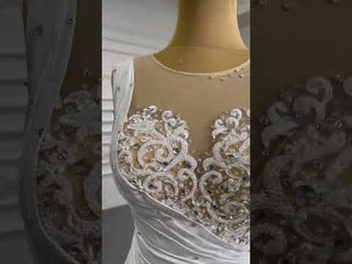 Gorgeous Cascading Ruffles Trumpet Wedding Dress with Sheer Neck