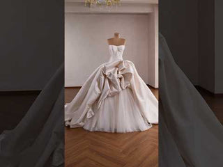 Strapless Structured Satin Corset Ball Gown Wedding Dress with 3D Bow Detail & Train