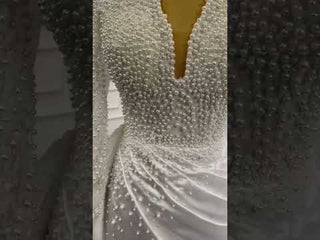 Keyhole Back Modest V-neck Pearl Satin Wedding Dress with Leg Slit