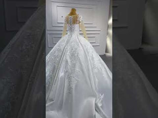 Beaded Lace Appliqued Satin Puffy Wedding Gown with Long Sleeve
