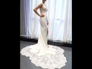 Leaf-Shape Train Mermaid Lace Satin Vneck Wedding Dress with Leg Slit