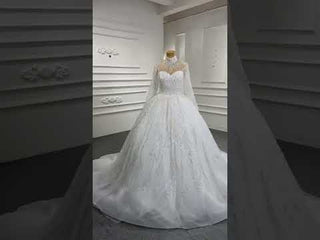 Sparkly High Neck Ball Gown Long Sleeves Wedding Dress with Keyhole