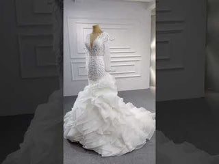 Sheer Boat Neck Mermaid Ruffle Wedding Dress with Long Sleeve