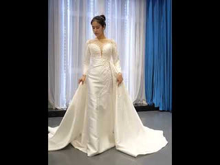 High Back Pearl Beaded Satin Long Sleeve Wedding Dress with Overskirt