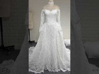 Corset-Bodice Floral Lace Wedding Dress with Detachable Sleeves & Voluminous Skirt