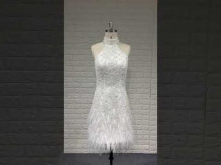 Elegant Tea Length Pearl Sparkly Mini Wedding Dress with Feather