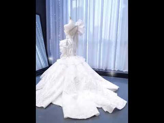 Luxury Beaded Mermaid Wedding Dress with One Shoulder Long Sleeve