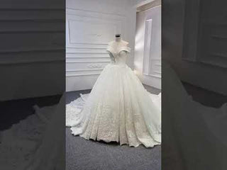 Off the Shoulder Ball Gown Lace Wedding Dress with Long Train