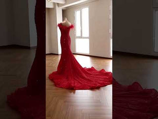 Off-Shoulder Feather Trim Pearl Beaded Mermaid Wedding Gown with Ruffled Hem