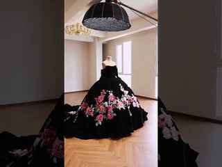Velvet Black Ball Gown Wedding Dress with Colorful Floral Embroidery Detachable Long Sleeves