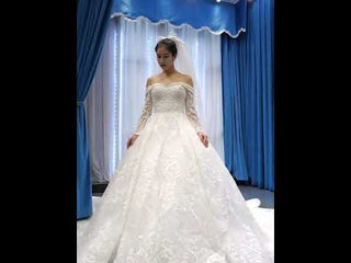 Ball Gown Lace Wedding Dress with Off Shoulder Long Sleeve Bridal Gown