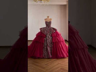 Burgundy Sequin Quinceañera Dress with 3D Bow Peplum & Tiered Ruffle Tulle Train