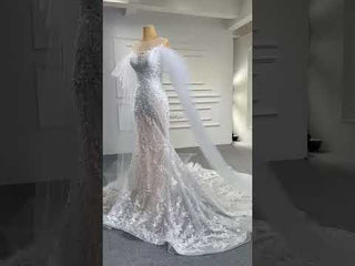 Long Sleeve Mermaid Lace Wedding Dress with Champagne Underlay