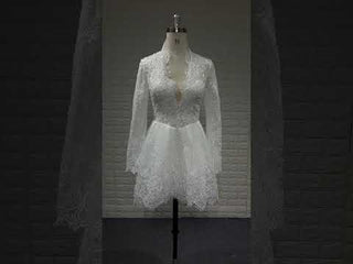 Elegant White Lace Long-Sleeve Mini Dress Short Lace V-neck Wedding Dress