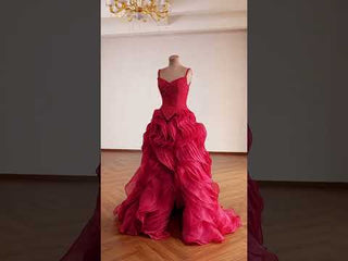 Red Beaded Basque Waist Prom Dress with Geometric Lattice Beadwork & Sculpted Ruffles