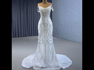 White Mermaid Off the Shoulder Pearls Beading Bride Wedding Dress