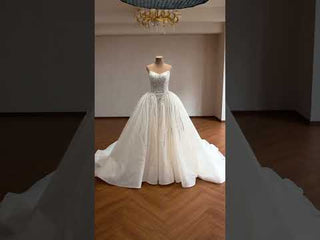 Blush Pink Sequin Ball Gown with Off-Shoulder Sleeves & Dramatic Back Bow