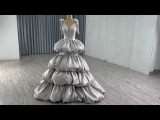High-end Gray Cascading Ruffles Prom Dress A-line with Vneck
