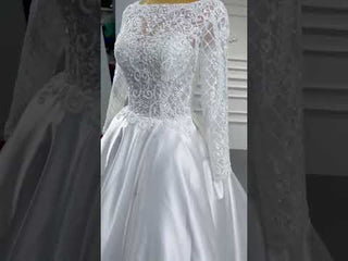 Long Sleeve Beaded Satin Wedding Dress with Front Slit