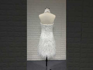 Elegant Tea Length Pearl Sparkly Mini Wedding Dress with Feather