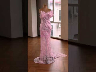 Pink Petal Mermaid Wedding Dress with Crystal-Outlined Sculptural & Illusion Mesh Train