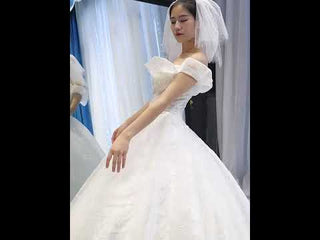 Sparkly Off the Shoulder Ball Gown Wedding Dress with Long Train