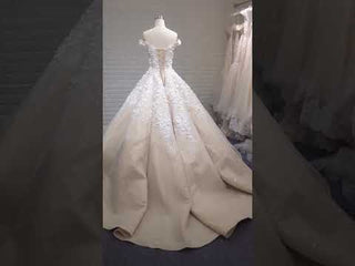 Affordable Off-the-Shoulder Ball Gown Wedding Dress with Pearl & 3D Flower Embellishments | Budget-Friendly Glam