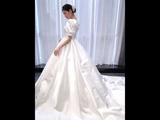 Modest Ball Gown Half Puff Sleeve Satin Wedding Dress with Vneck