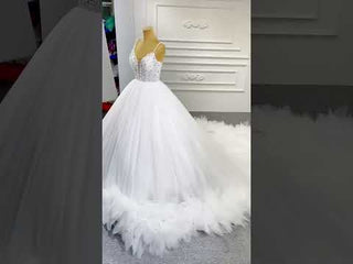 Luxury Beaded Tulle Ball Gown Wedding Dress with Spaghetti Straps