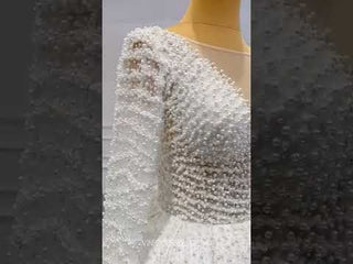 Long Sleeve Beaded Pearl Satin Wedding Dress Vintage Ball Gown