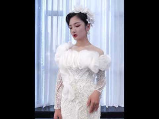 Pearl Beaded Mermaid Ruffle Wedding Dress with Long Sleeve