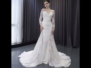 High-end Satin Lace Wedding Dress with Off the Shoulder Long Sleeve