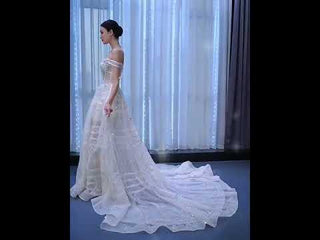 Beaded Floral Sheer Bodice Wedding Dress with Off the Shoulder