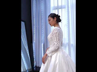 Long Sleeve Beaded Satin Wedding Dress with Front Slit