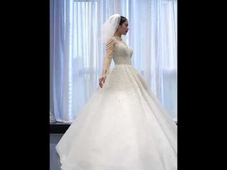 Beaded Pearls Long Sleeve Wedding Dress Luxury O-neck Bridal Gown