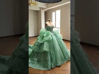 Sage Green Off-the-Shoulder Crystal Beaded Corset Ball Gown Quinceañera Dress with Oversized Bow