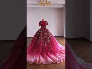 Burgundy-to-Pink Quinceanera Dress with Heavy Baroque Beading and Lace-Up Corset Back