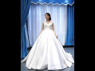 High  Back Long Sleeve Satin Ball Gown Wedding Dress with Long Bow