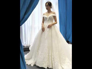 Off the Shoulder Ball Gown Lace Wedding Dress with Long Train