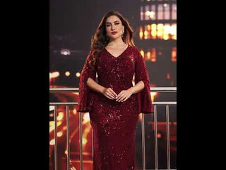 Glitter Mermaid Dress Mother of The Bride Long Sleeve V-Neck Formal Gown