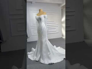 Pearl Beaded Mermaid Wedding Dress with Off the Shoulder Long Sleeves