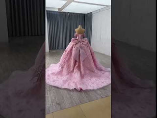 Pink Quinceanera Prom Dress Off-Shoulder Sequins Pearl Appliques with Bow